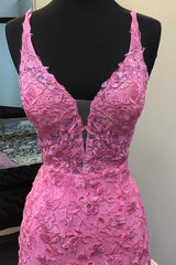 Hot Lace Mermaid Prom Dress Plunge Neck Pink Appliques with Slit - MyChicDress