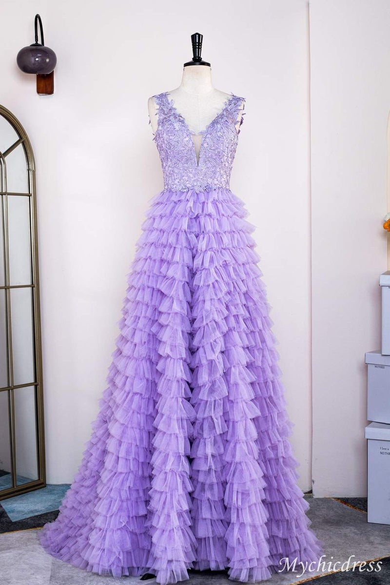 2025 Hot Lavender Lace Prom Dresses Layered V Neck Slit - MyChicDress