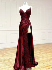 Hot burgundy Long Prom Dress Lace V Neck Formal Dresses A Line High split