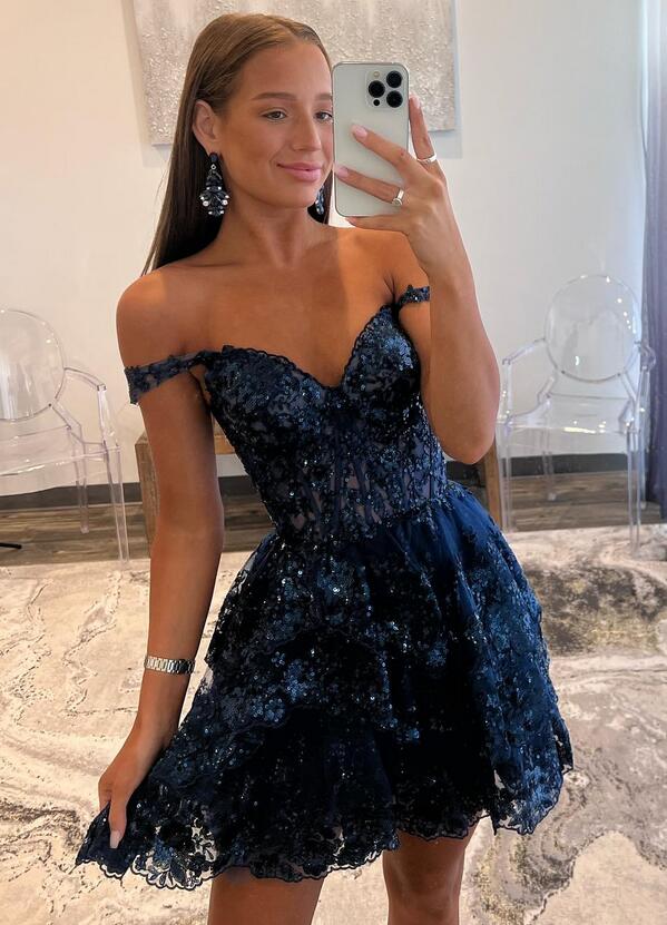 Hot Navy Blue Tulle Sequin Prom Dress Short Sheer Corset Bodice –  MyChicDress