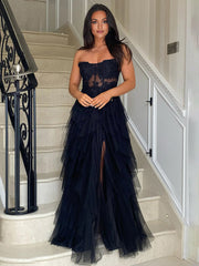 Hot Tulle Tiered Prom Dress 2025 Black Corset Strapless Evening Dress