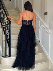 Hot Tulle Tiered Prom Dress 2025 Black Corset Strapless Evening Dress