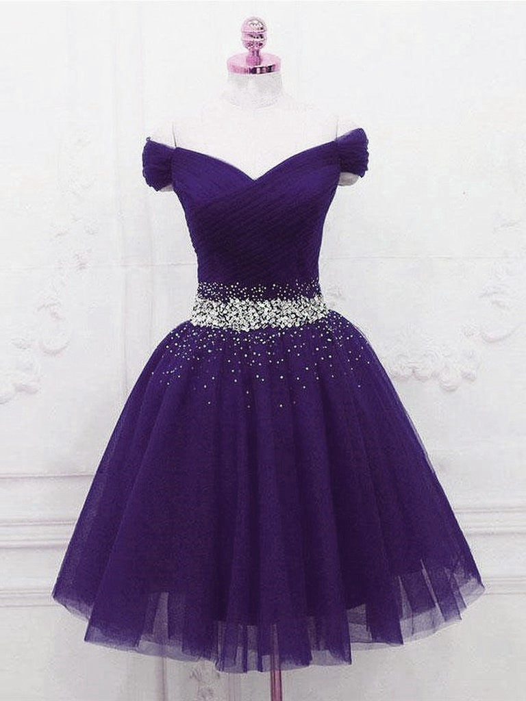 Knee Length Purple Homecoming Dress Beaded Off Shoulder - MyChicDress