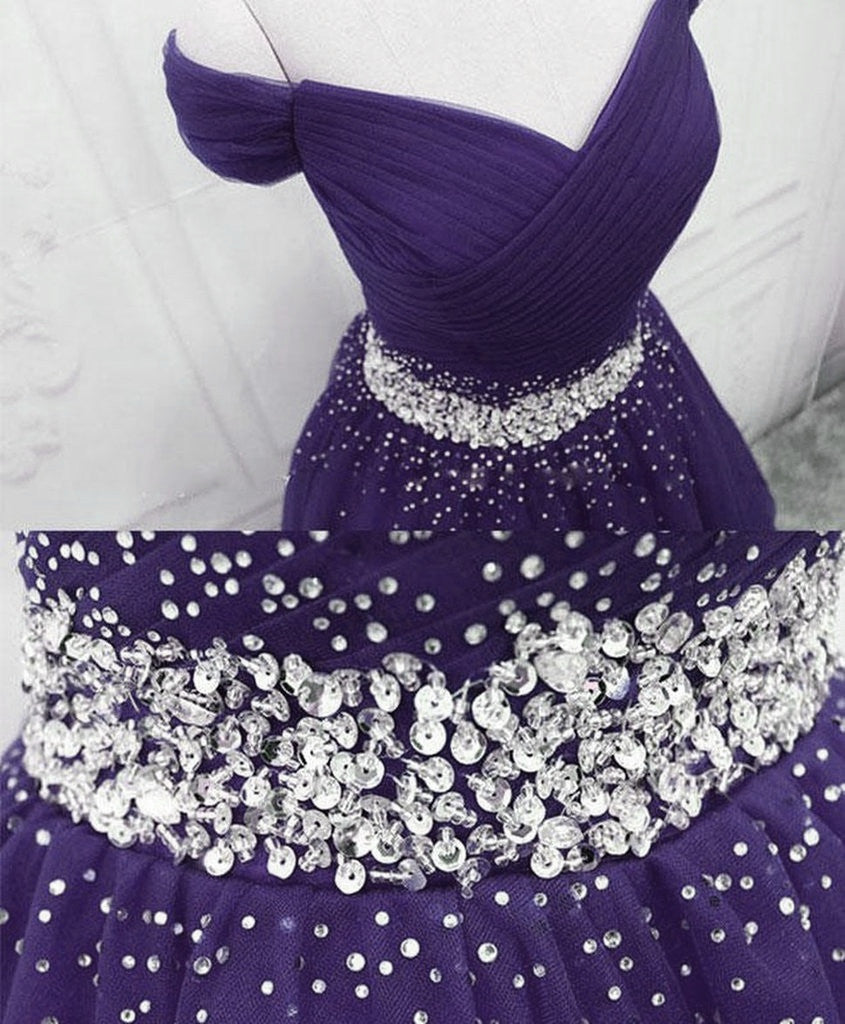 Knee Length Purple Homecoming Dress Beaded Off Shoulder - MyChicDress