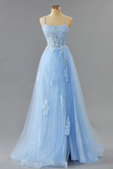 Cheap Lace Long Light Blue Prom Dresses A Line Open Back