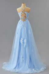 Cheap Lace Long Light Blue Prom Dresses A Line Open Back