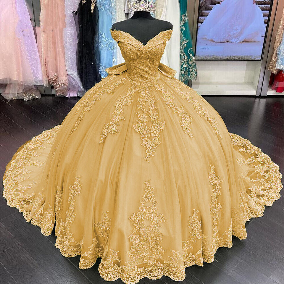 Lace Off Shoulder Gold Quinceanera Dresses Applique With Bow MyChicDress