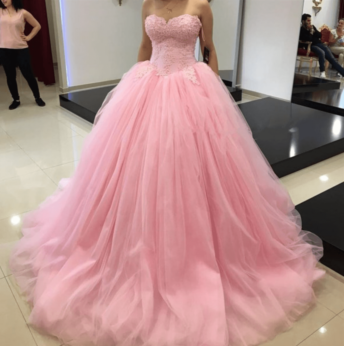 Lace Pink Quinceanera Dress Bodice Embellished Strapless Tulle Ball Gown Wedding Dress MyChicDress