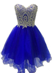 Lace Applique Short Blue Homecoming Dresses with Beaded