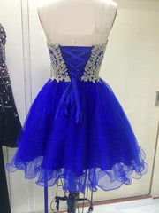 Lace Applique Short Blue Homecoming Dresses with Beaded