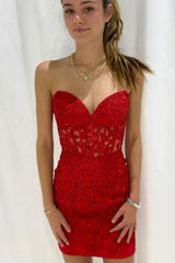 Lace Short 2025 Red Homecoming Dresses Bodycon Appliques Beading