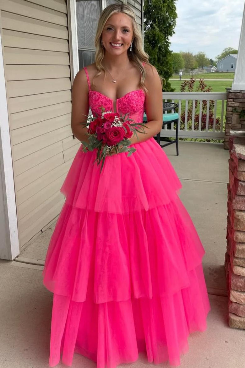 Layered V-Neck Tulle Long Ruffles Prom Dresses Tiered