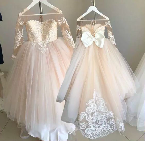 Little Flower Girl Dresses Lace Tulle Bows Princess Wedding Party Dress with Sleeves MyChicDress