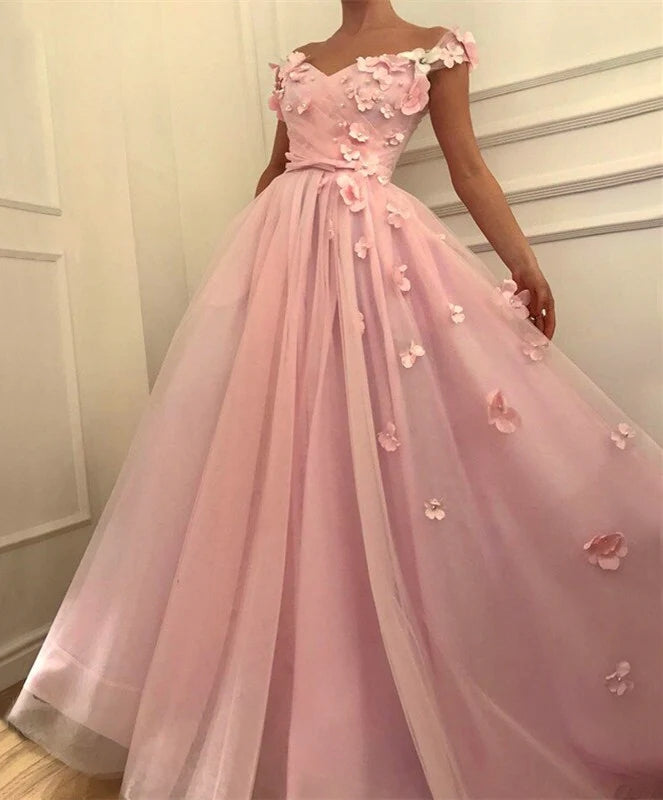 Long Pink Evening Gowns Flowers Tulle Off the Shoulder Prom Dresses Pearls MyChicDress