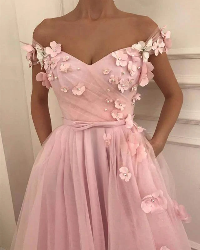 Long Pink Evening Gowns Flowers Tulle Off the Shoulder Prom Dresses Pearls MyChicDress