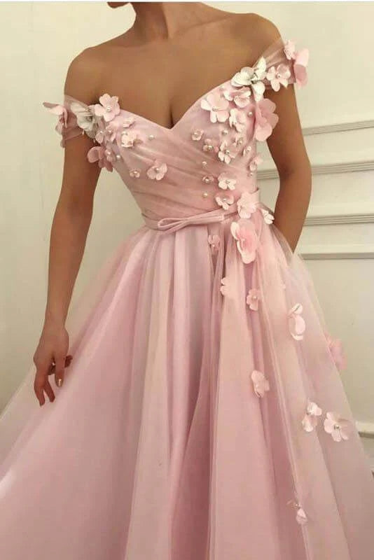 Long Pink Evening Gowns Flowers Tulle Off the Shoulder Prom Dresses Pearls MyChicDress