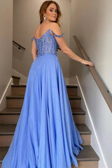 Long Prom Dresses Blue Lace Off Shoulder Evening Dress with Slit MyChicDress