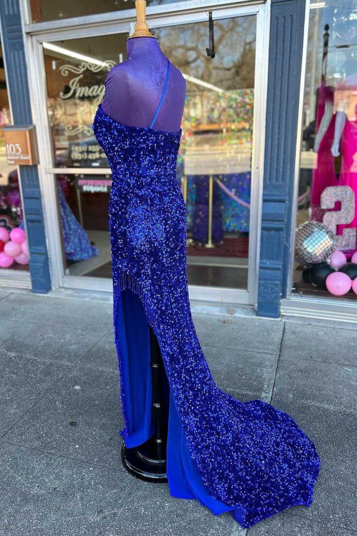 Long Sequin Prom Dress 2024 Royal Blue Formal Dresses One-Shoulder MyChicDress