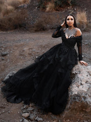 Long Sleeves Black Wedding Dress Gothic Off Shoulder V-neck Tiered Skirt MyChicDress