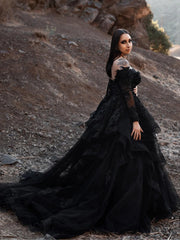 Long Sleeves Black Wedding Dress Gothic Off Shoulder V-neck Tiered Skirt MyChicDress