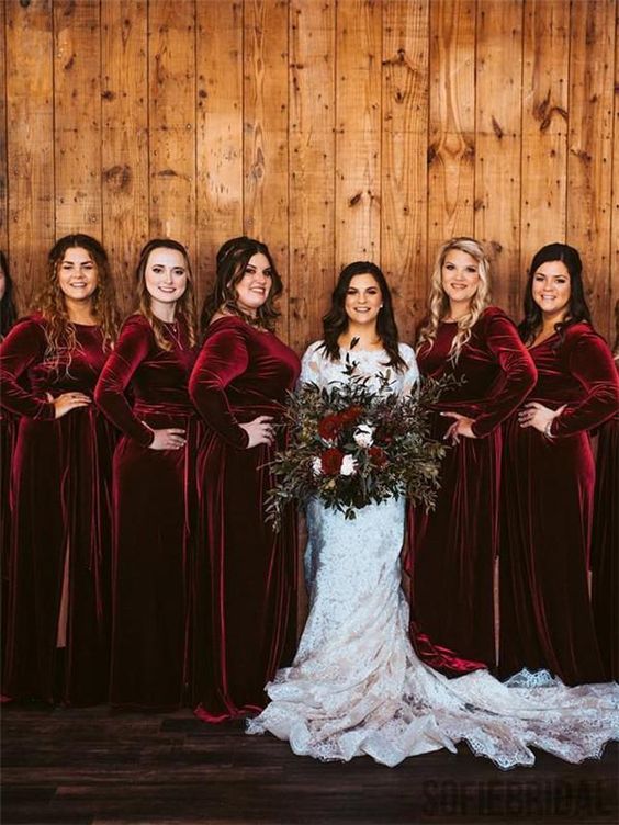 Long Sleeves Burgundy Velvet Bridesmaid Dresses for Fall Winter Wedding MyChicDress