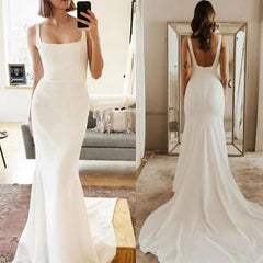 Long Square Ivory Mermaid Satin Summer Wedding Dresses - MyChicDress