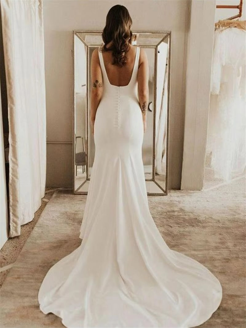 Long Square Ivory Mermaid Satin Summer Wedding Dresses - MyChicDress