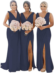 Long V-Neck Chiffon Bridesmaid Dresses Sleeveless Side-Slit - MyChicDress