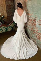 Long V-Neck Chiffon Puff Sleeves Beach Ivory Bridal Dress Mermaid MyChicDress