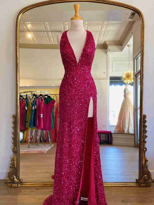 Long V Neck Halter Sequin Prom Dresses 2025 Red Evening Gown with Split MyChicDress