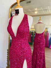 Long V Neck Halter Sequin Prom Dresses 2025 Red Evening Gown with Split MyChicDress