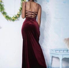 Long Burgundy Mermaid Velvet Evening Dress Square Neck