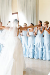 Long Dusty Blue Tiered Satin Bridesmaid Dress with Bow Straps