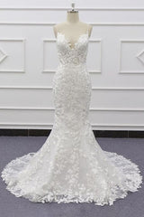 Long Mermaid Lace Beach Wedding Dress Appliques Spaghetti Strap