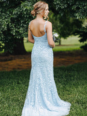 Long Mermaid Lace Light Blue Formal Prom Dresses Open Back