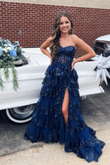 Long Navy Blue Sequin Tiered Formal Dresses Strapless split