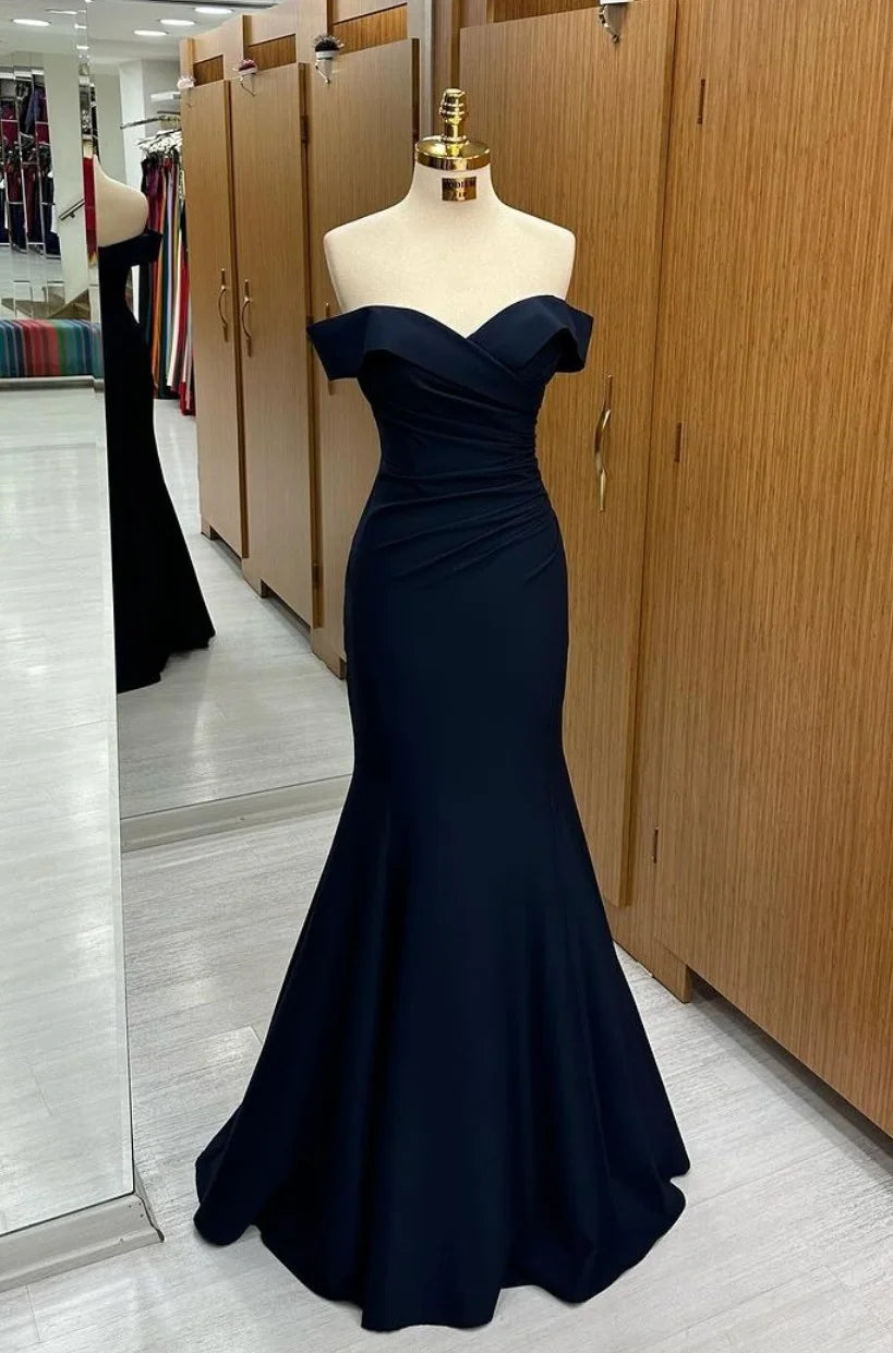 Long Off-the-shoulder Formal Dress Navy Blue Wedding Guest Dress - MyChicDress