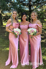 Boho Pink Off Shoulder Cheap Bridesmaid Dress Satin Fitted