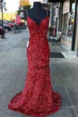 2025 Long Prom Dresses Red Sequins Beaded Mermaid Evening Dress Straps - MyChicDress