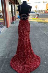 2025 Long Prom Dresses Red Sequins Beaded Mermaid Evening Dress Straps - MyChicDress