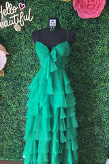 Long Ruffle Straps green Tiered Prom Dress Chiffon -Mychicdress