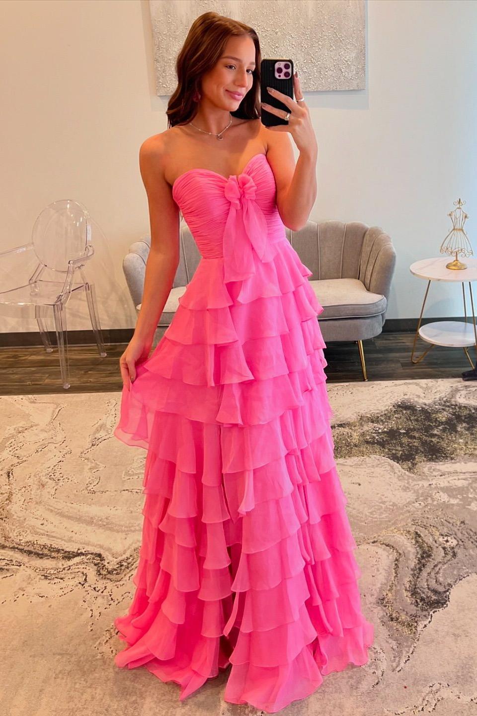 Long Ruffle Straps pink Tiered Prom Dress Chiffon -Mychicdress