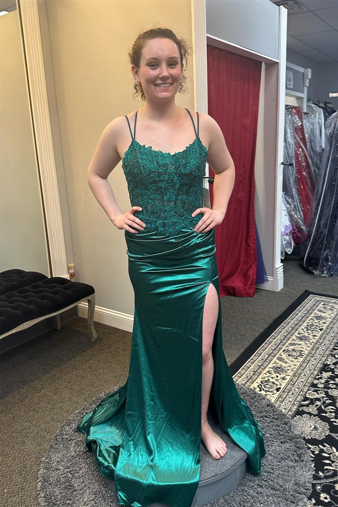 Long Satin Emerald Green Lace Prom Dresses Straps with Slit