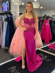 Long Satin Fuchsia Strapless Prom Dresses with Slit