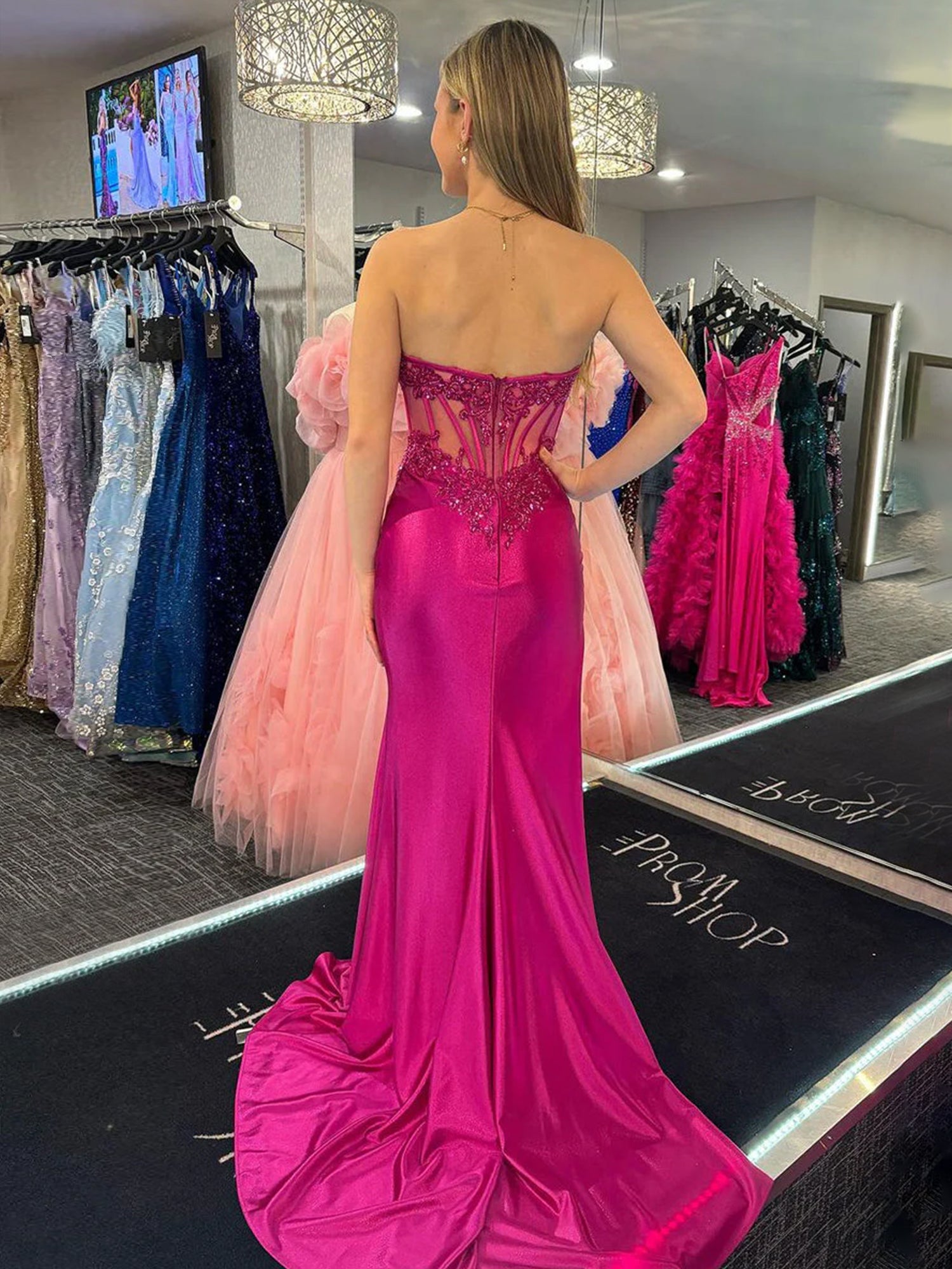 Long Satin Fuchsia Prom Dresses Strapless with Slit