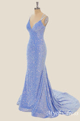 Long Sequin Blue Formal Guest Dresses V Neck Mermaid