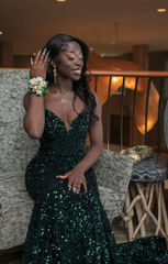 Long Sequin Prom Dress Dark Green Mermaid Formal Dresses Black Women