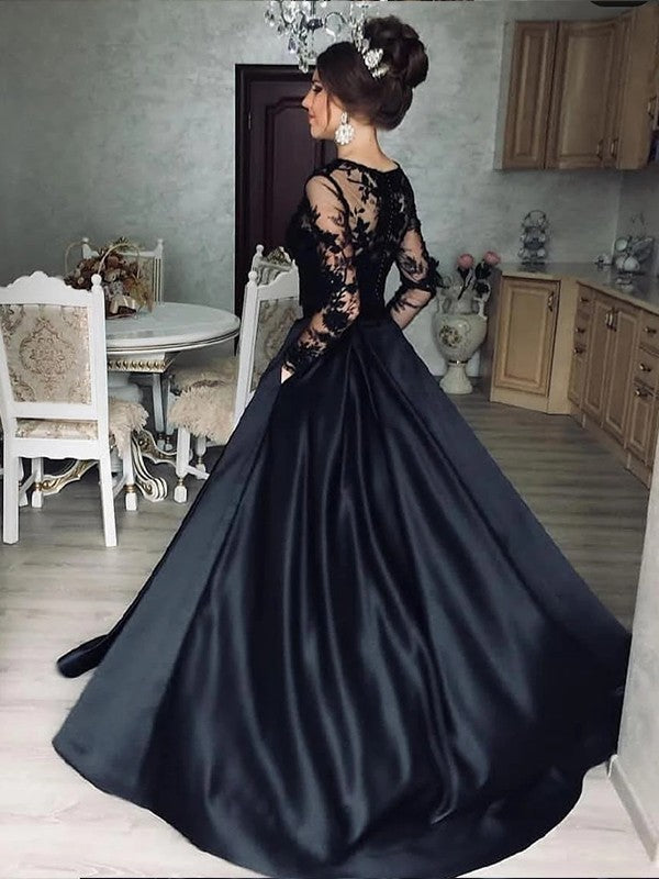 Long Sleeves Black Wedding Dress A-Line Satin Lace Illusion - MyChicDress