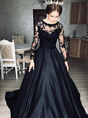 Long Sleeves Black Wedding Dress A-Line Satin Lace Illusion - MyChicDress