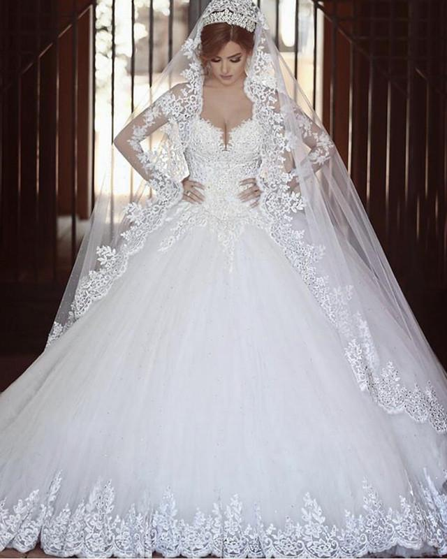 Long Sleeves Vintage Arabic Wedding Dresses Lace Tulle Ball Gowns - MyChicDress